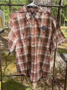 Harley-Davidson Brown, Tan & Orange Plaid Short-Sleeve Button-Down Shirt